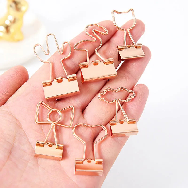 Gold metal office clip with long tail in decorative shape such as flamingo, love, cloud, cat, cactus, or bow design