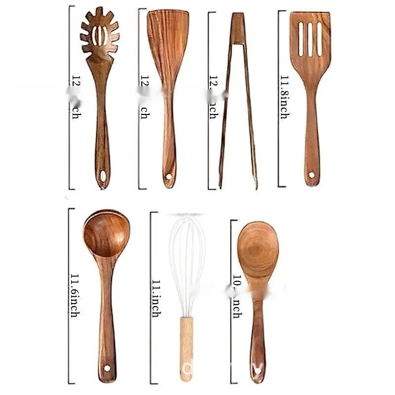 Wooden kitchen utensil set of 7 pieces including spoons and spatulas on a table
