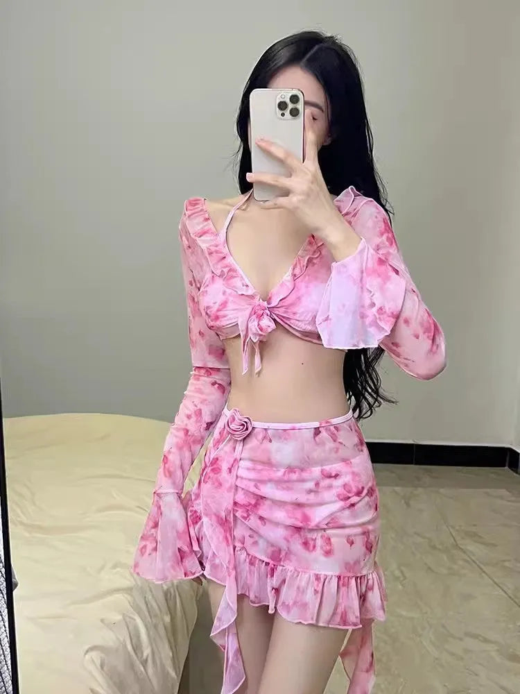 Women's floral bikini swimsuit in cherry blossom powder colour with matching top and bottom