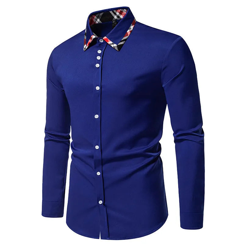 Men's plaid contrast colour triangle collar long sleeve shirt in blue, black, and white options