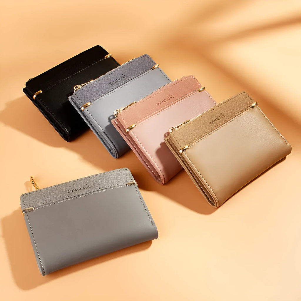 Open view of a folded ladies PU leather wallet showing card slots, a zippered compartment, a bill holder, and a photo slot.