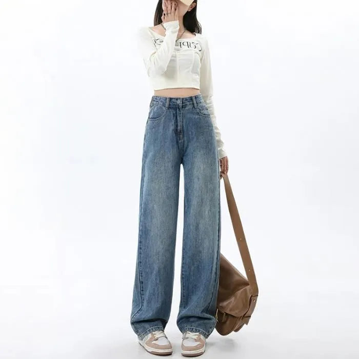 Women's retro blue wide leg jeans with high waist and straight leg design on hanger