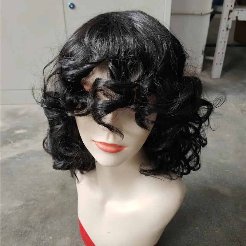 Black synthetic Afro wig with long curly texture measuring 30cm, heat resistant fibres