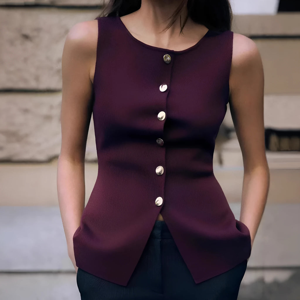 Women's dark red sweater vest with gold buttons and 3D pattern, sleeveless cardigan style