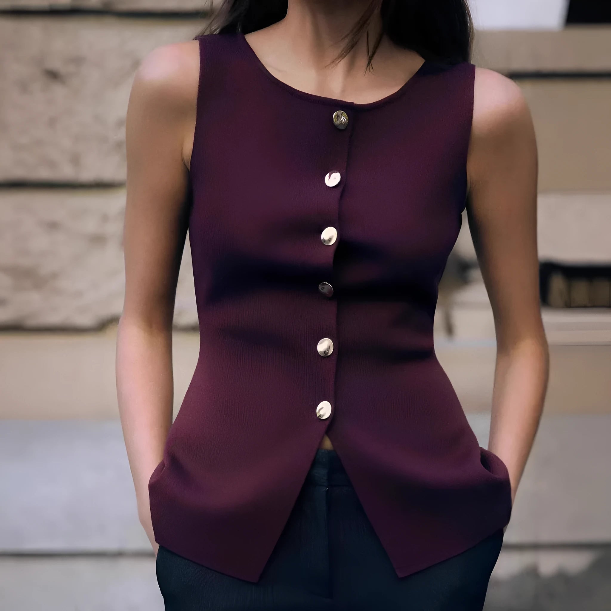 Women's dark red sweater vest with gold buttons and 3D pattern, sleeveless cardigan style