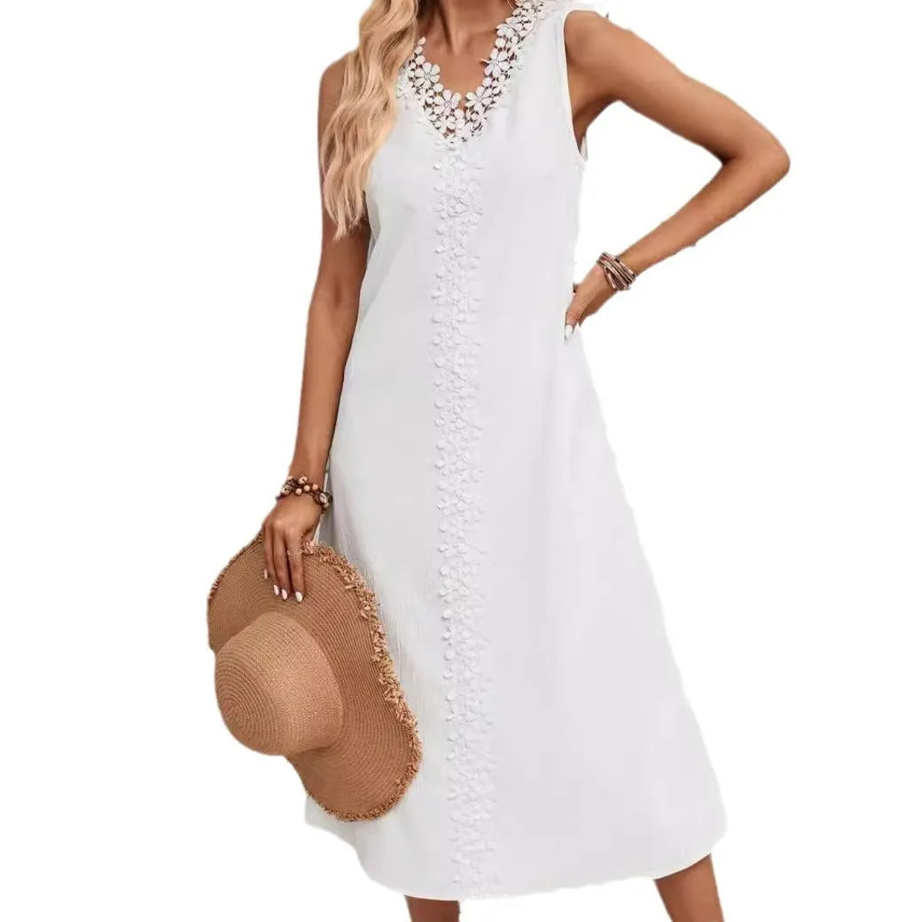 Women's sleeveless lace patchwork dress with crocheted flowers, A-line skirt, white colour