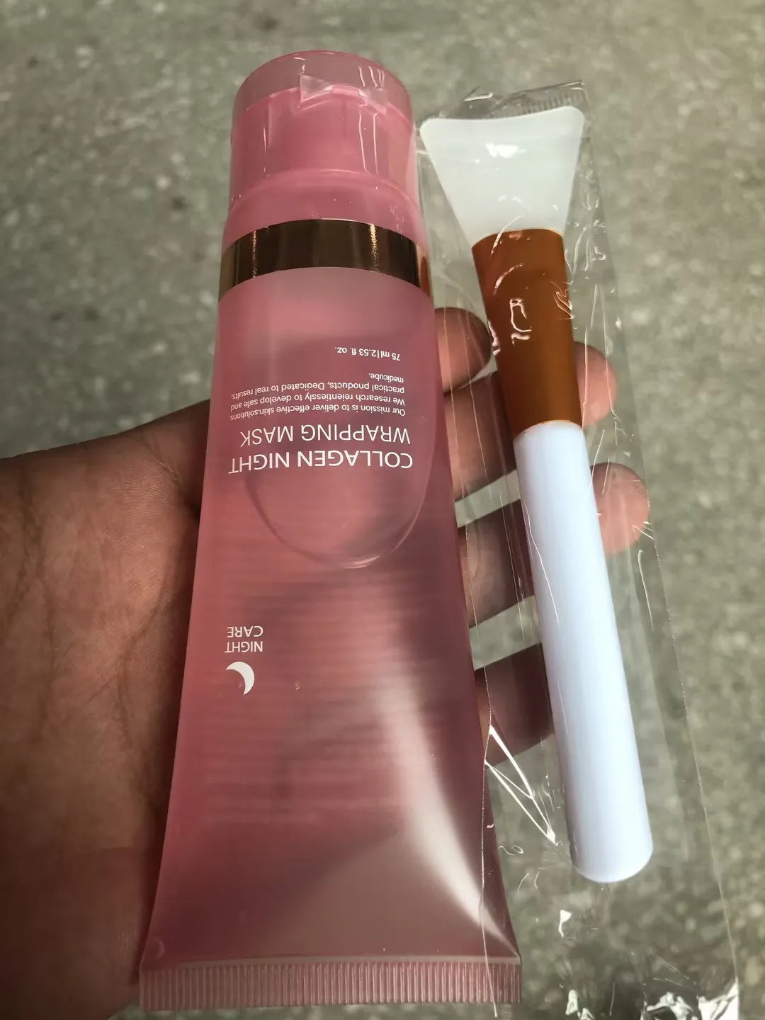 75ml collagen night face mask bottle with application brush for firming and hydration.