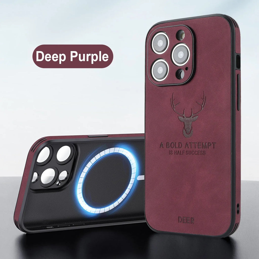 iPhone 16 magnetic charging case with embossed moose head design in imitation leather.