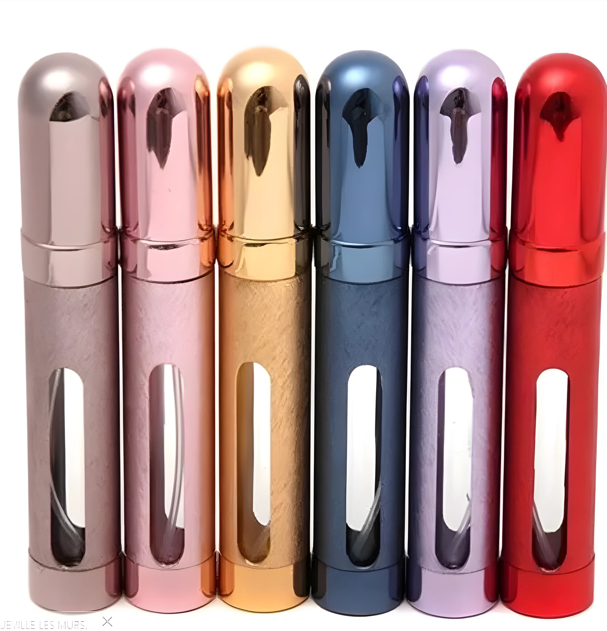 Slim 12ml aluminium travel perfume bottle in six colour options: blue, gold, pink, red, silver, violet.