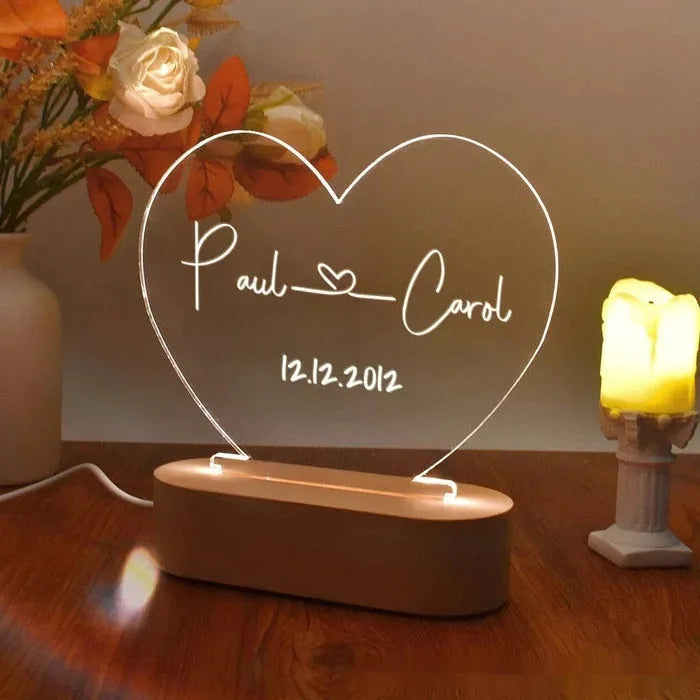 Personalised acrylic LED night light showing custom names and date, modern art design, 20cm by 11.5cm