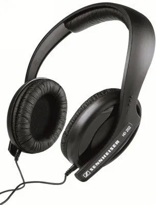 Black head mounted headphones with over-ear cups, a built-in microphone, and a 3.5mm plug.