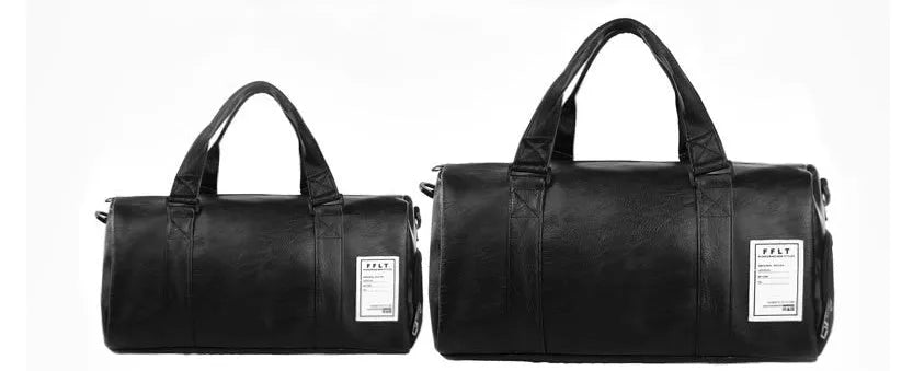 Black waterproof sports bag with diagonal straps and a separate shoe compartment, shown in large and small sizes.