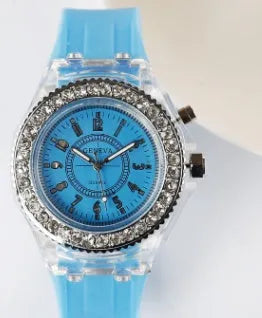 Geneva women's luminous quartz watch with round 43mm dial and silicone bracelet