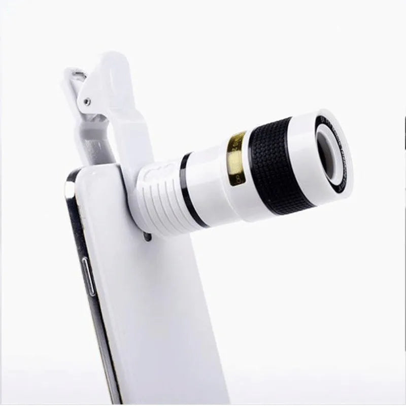 12X magnification black phone telescope lens with smartphone mounting clip on a white background.