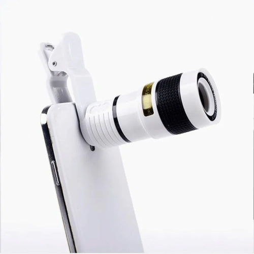 12X magnification black phone telescope lens with smartphone mounting clip on a white background.