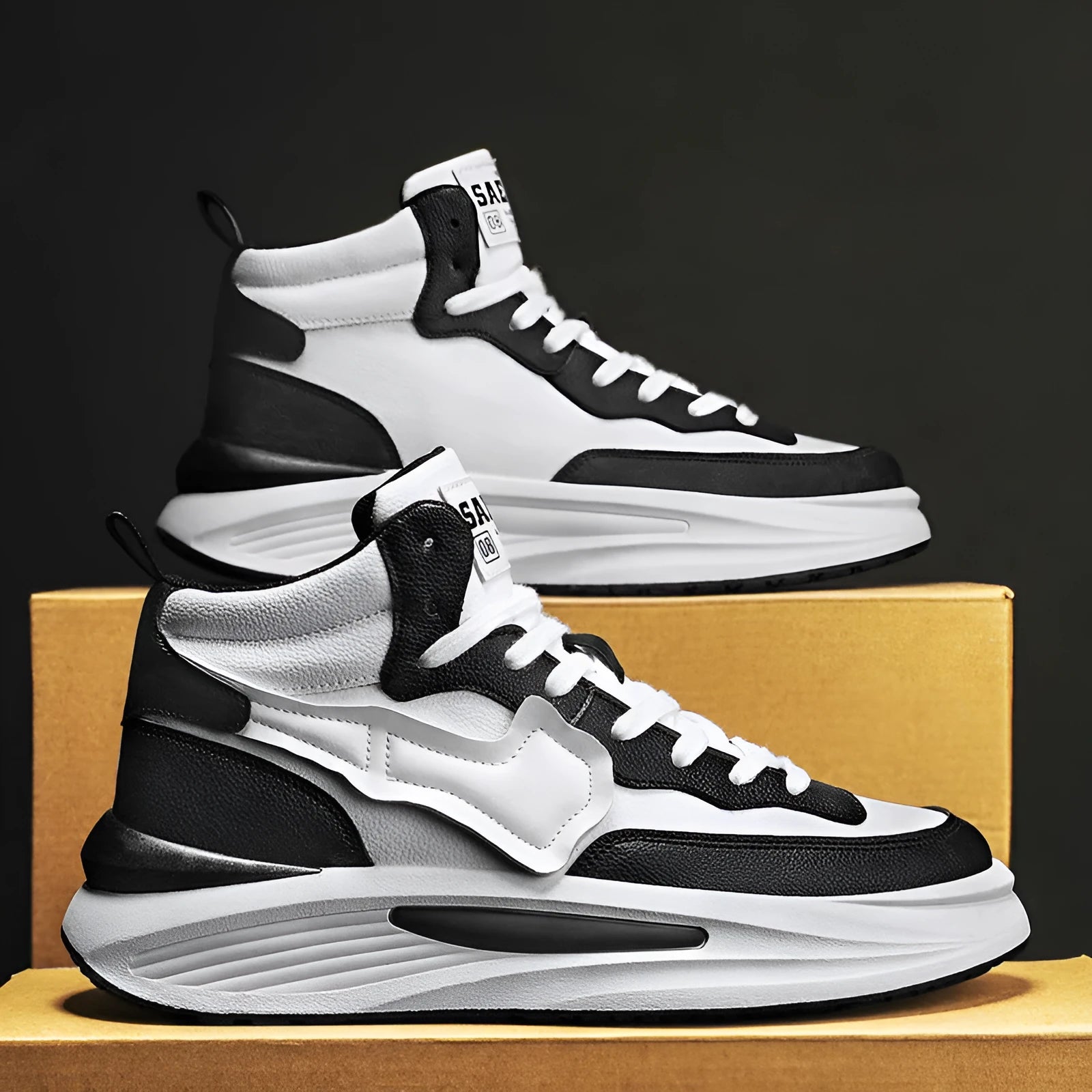Men's black and white platform high-top casual board shoes with round toe and PU upper