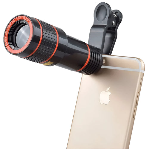 12X magnification black phone telescope lens with smartphone mounting clip on a white background.