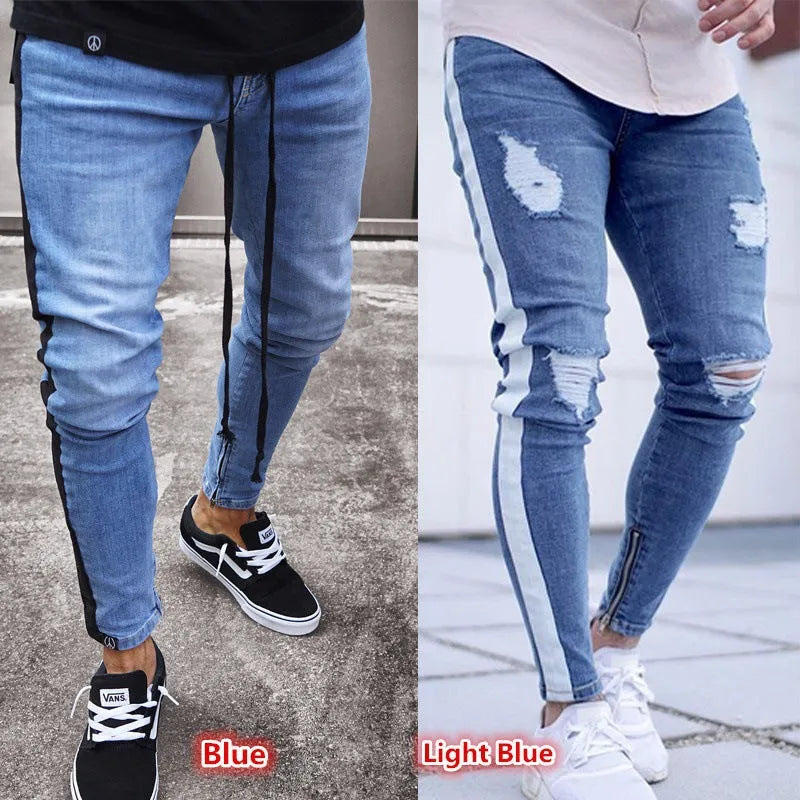 Men's light blue ripped nostalgic jeans with zipper fly, casual leisure fit, cotton-spandex denim, Asian sizing 28-38