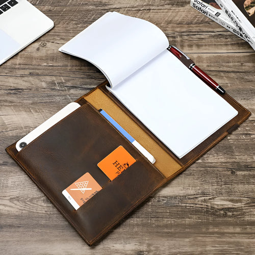 Brown Crazy Horse leather A5 notebook protective sleeve with multi-function pockets