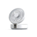 White rechargeable folding USB ceiling fan with remote control on wooden desk