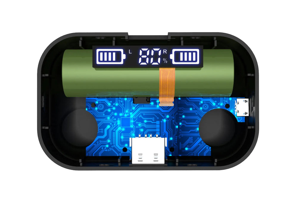 Black X11 Bluetooth wireless earbuds and charging case on a white background