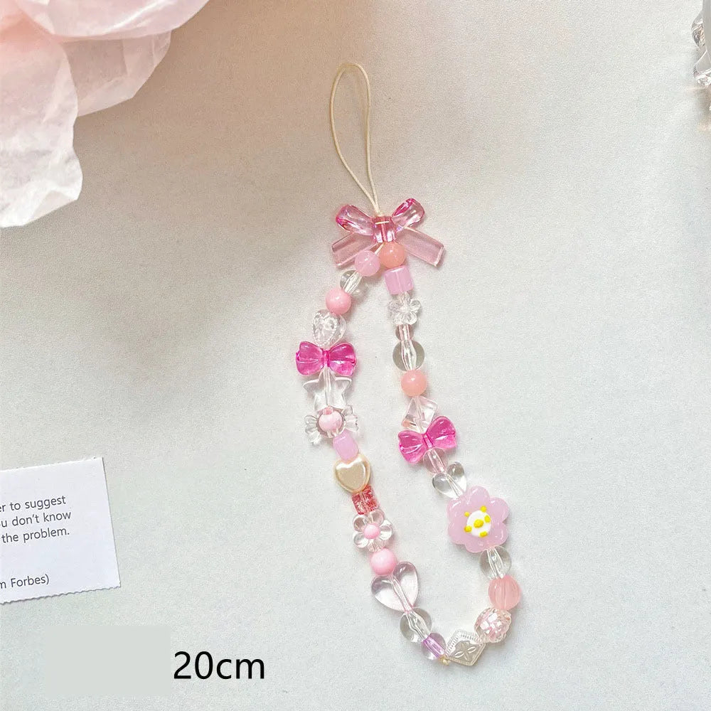 Floral beaded mobile phone lanyard in blue, pink or yellow colour options