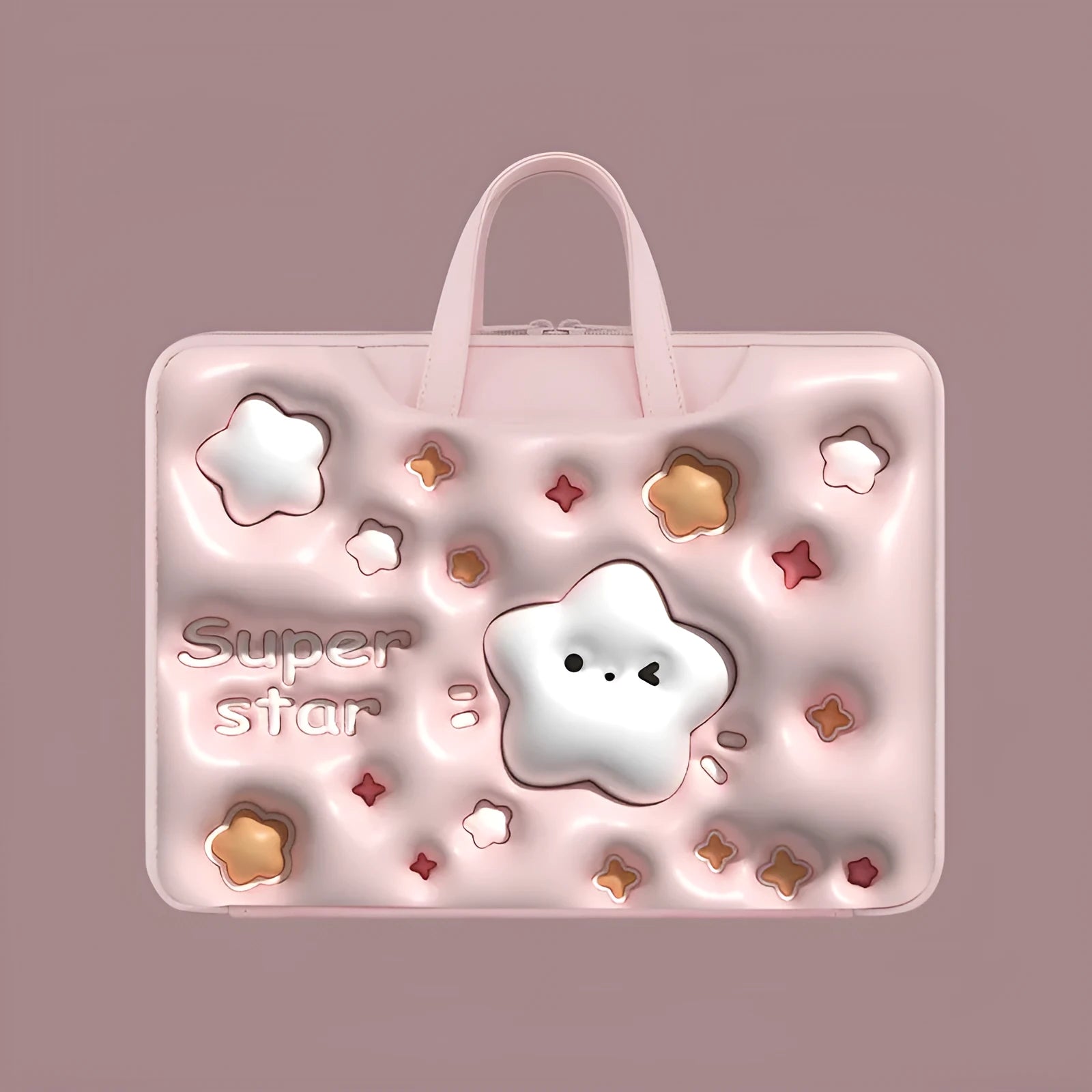 Inflatable laptop bag in PU leather with hanging handle attached to suitcase, showing cute star design