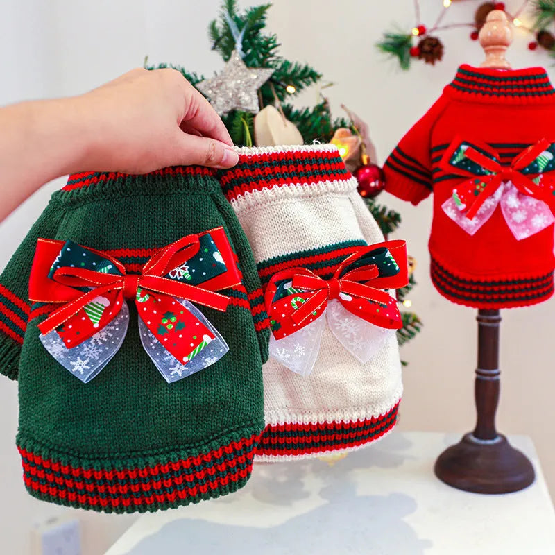 Red Christmas dog jumper on small dog showing crew neck design and festive colour