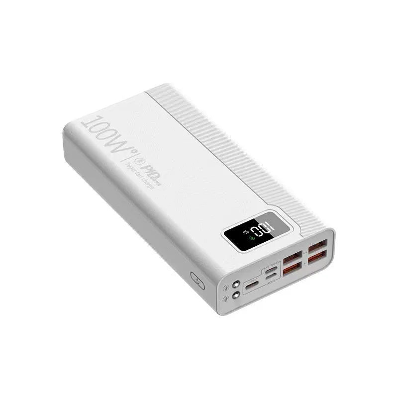 Black and white large capacity power bank with fast charging support measuring 150mm x 76mm