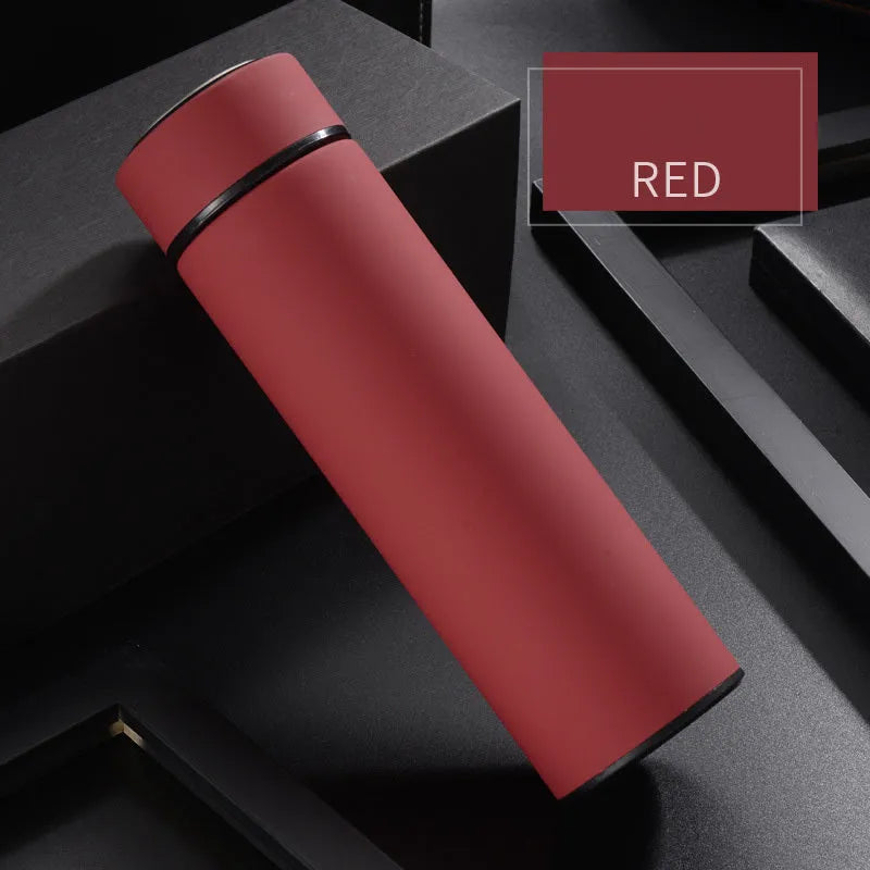 Stainless steel vacuum insulated water bottle in black, red, gold, or blue, 450ml capacity.