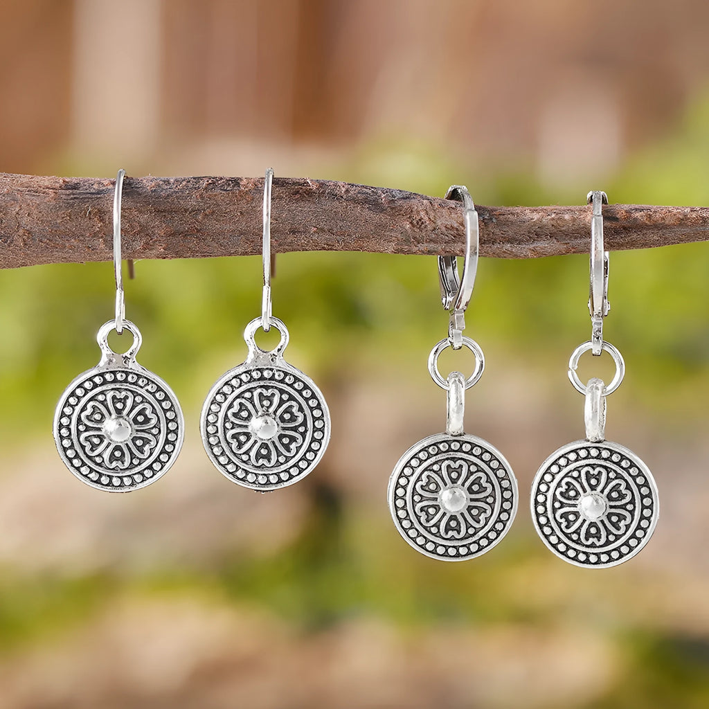 Women's bohemian retro earrings with distressed ethnic round print design in geometric shape