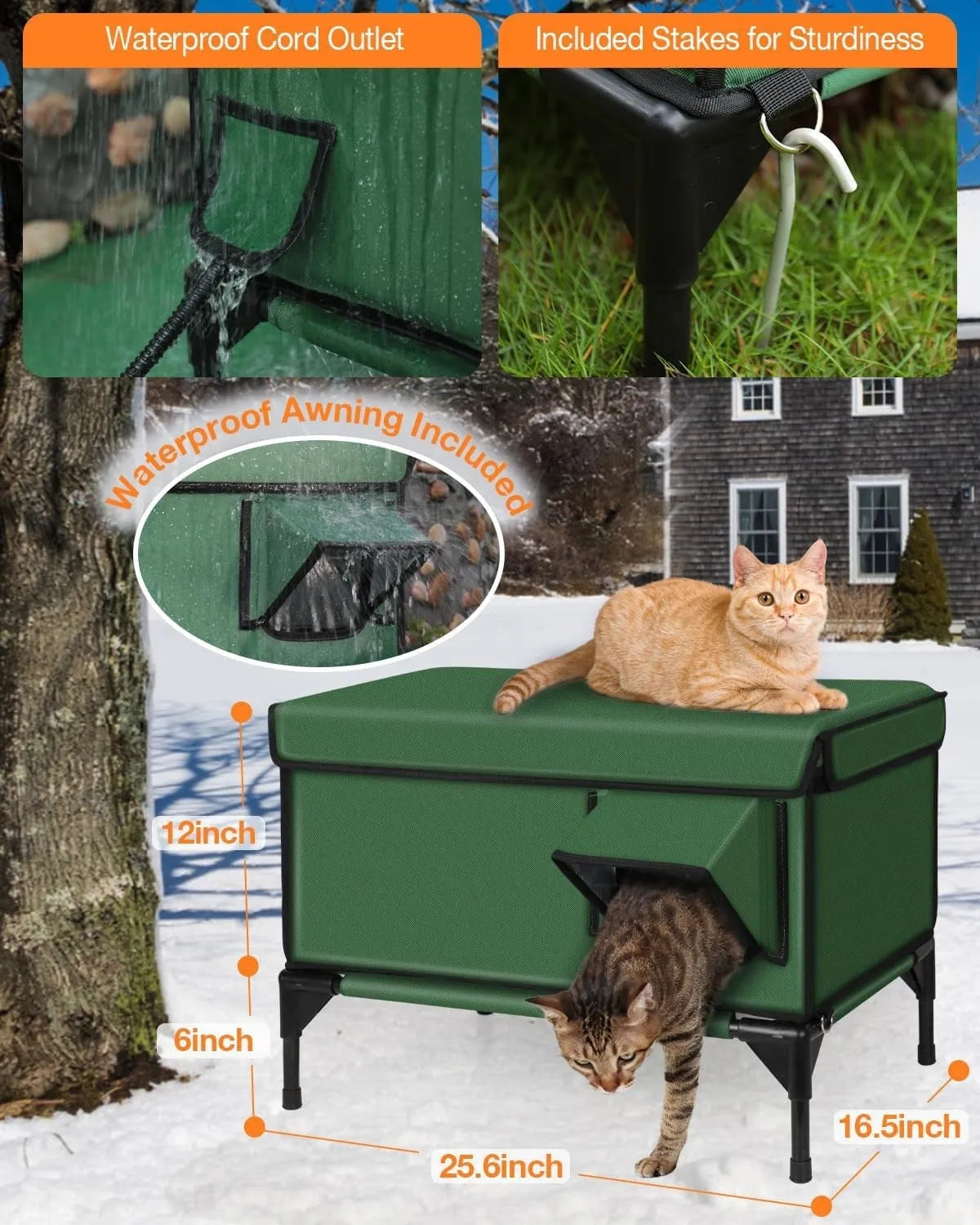 Green outdoor heated insulated foldable cat house made of 900D PVC with charger