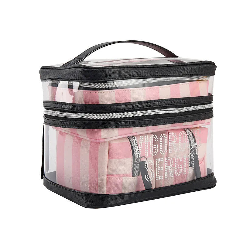 Floral pattern pink striped waterproof makeup bag with synthetic leather exterior
