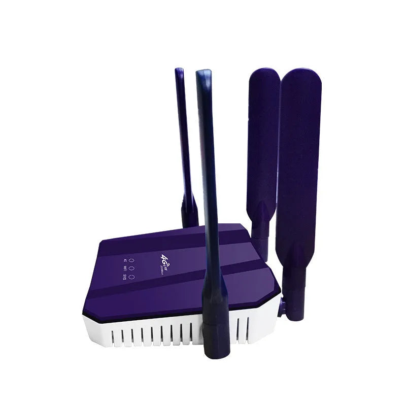 Blue 4G and wired dual-mode router with four extended antennas, showing front panel indicators.