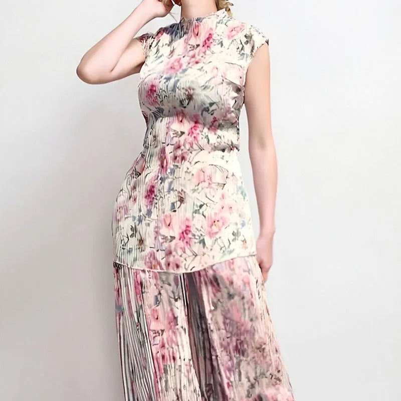 Women's long sleeve printed chiffon dress set with high waist skirt in picture colour