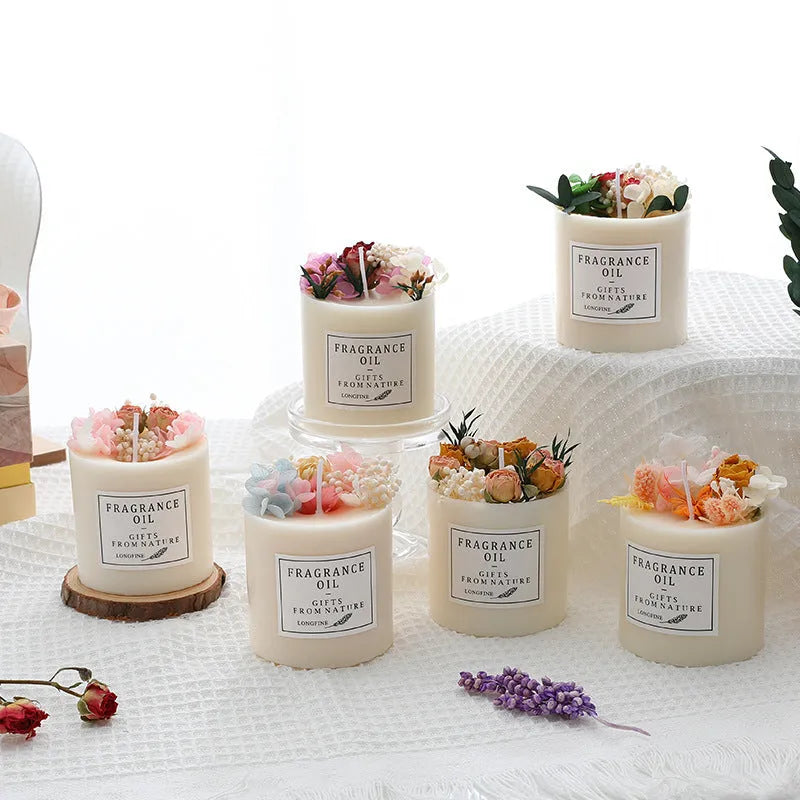 Dried flower decorated aromatherapy candle with solid wax and choice of nine scents