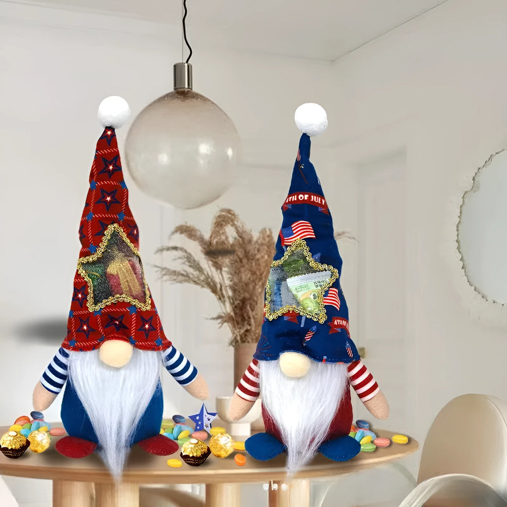 Two faceless baby doll Christmas ornaments with Rudolf and candy bag designs on polyester cloth