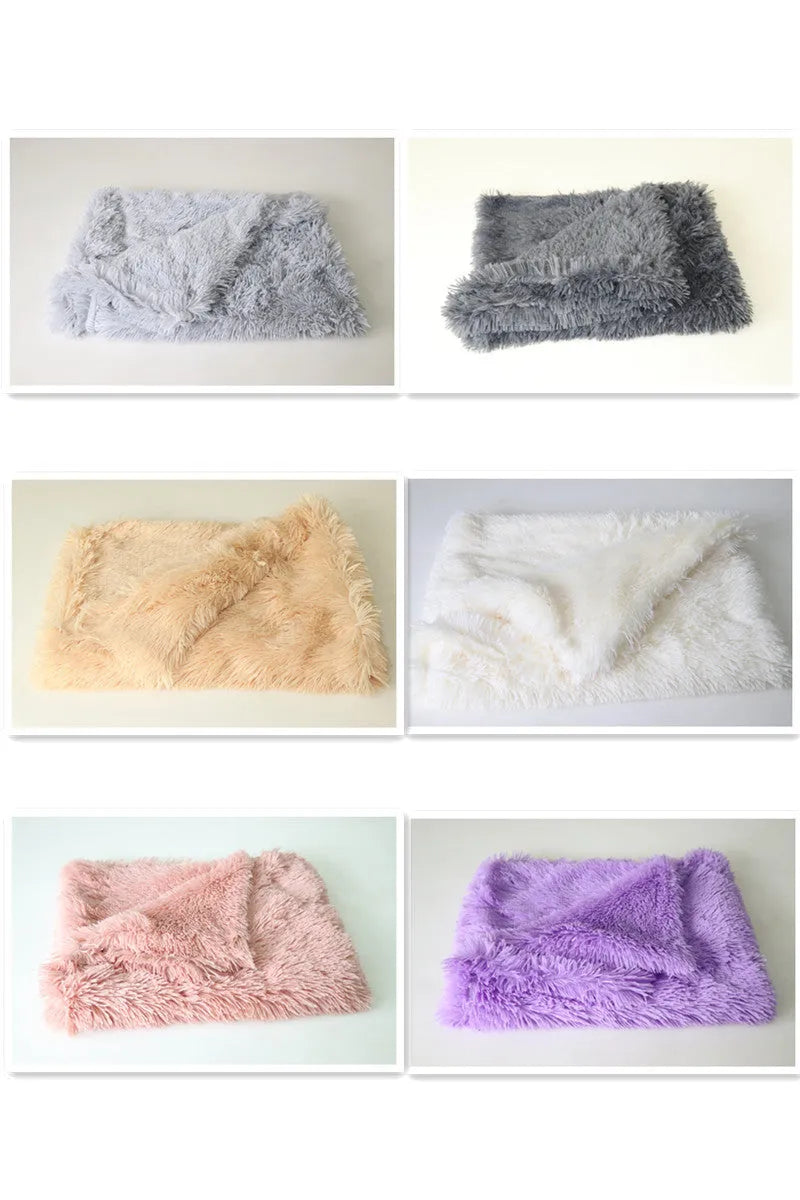 Wool polyester plush pet blanket in dark grey light grey white light pink colours showing S M L size options