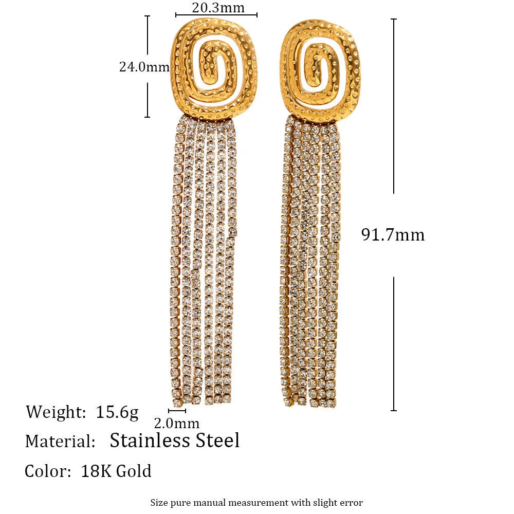 Full rhinestone tassel stud earrings in gold colour made from stainless steel with electroplated finish