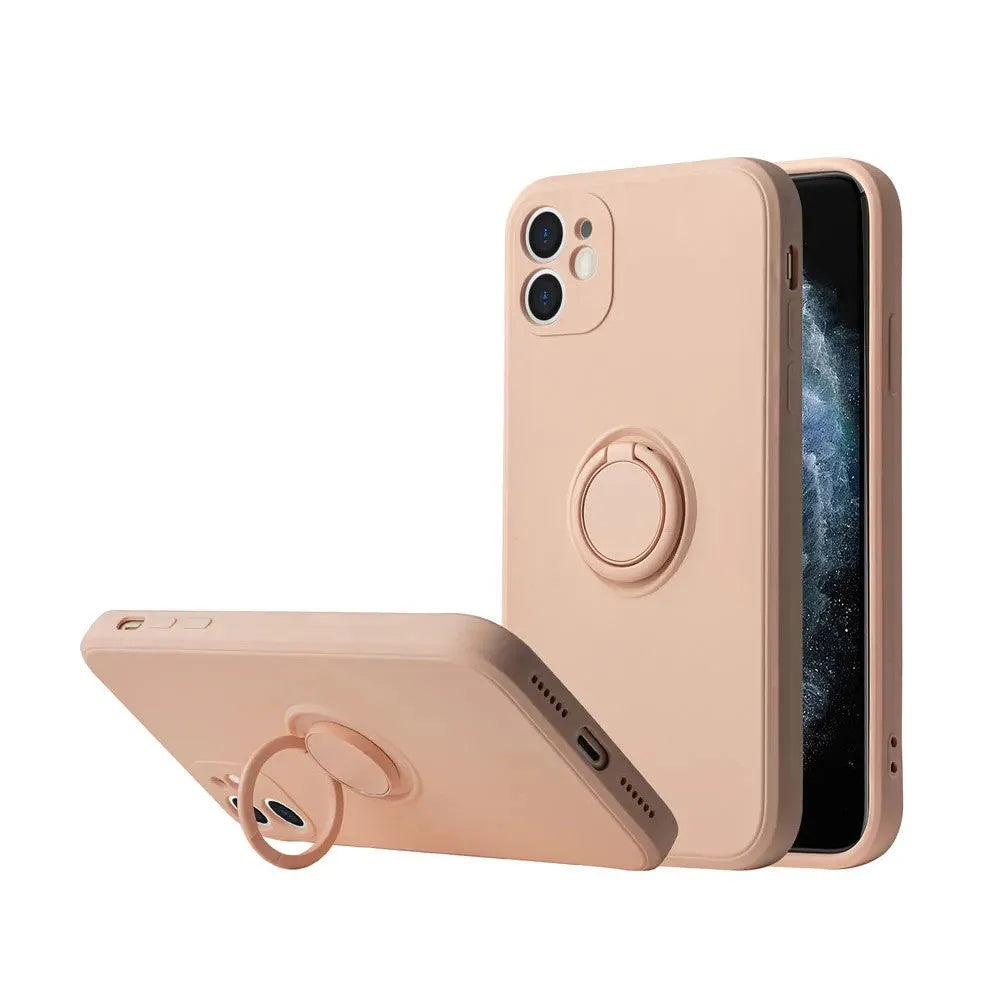 Liquid silicone iPhone case with a built-in ring bracket, shown in one of eight colour options.