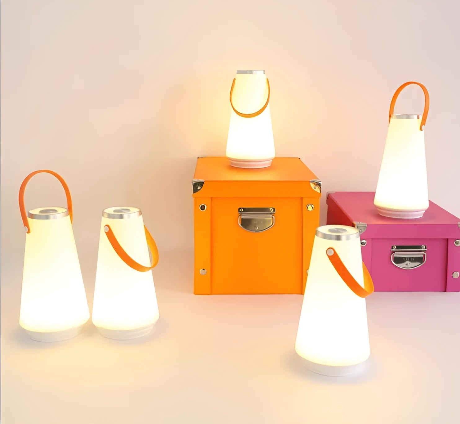 White rechargeable LED bedside night light with touch controls showing compact 12cm square design