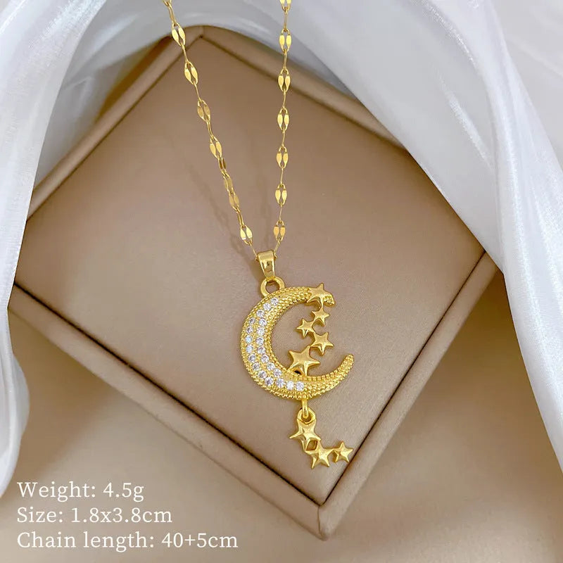 Moon pendant necklace with geometric stainless steel chain and copper pendant