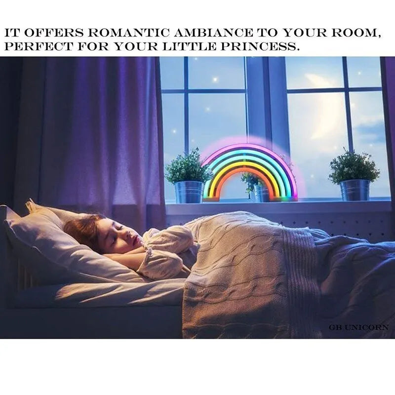 LED wall hanging rainbow neon light with compact 30x2x16cm housing on a wall