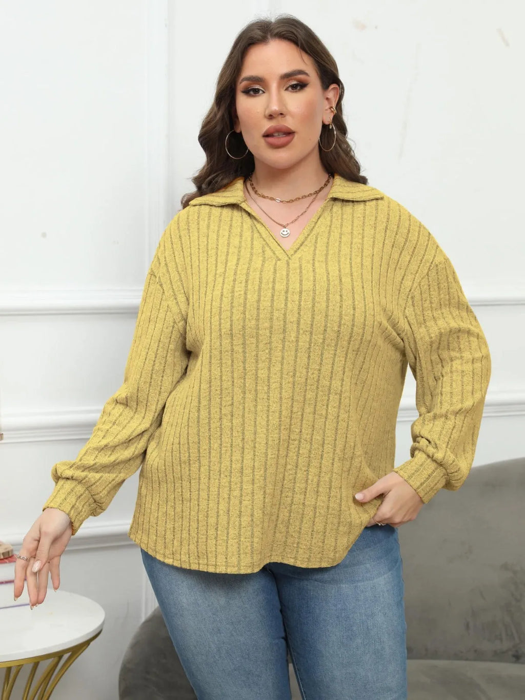Women's plus size gray polo collar pullover with lantern sleeves in Gothic street fashion style