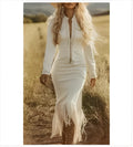 Long-sleeved long-length white tassel dress for women, loose fit, Asian sizing