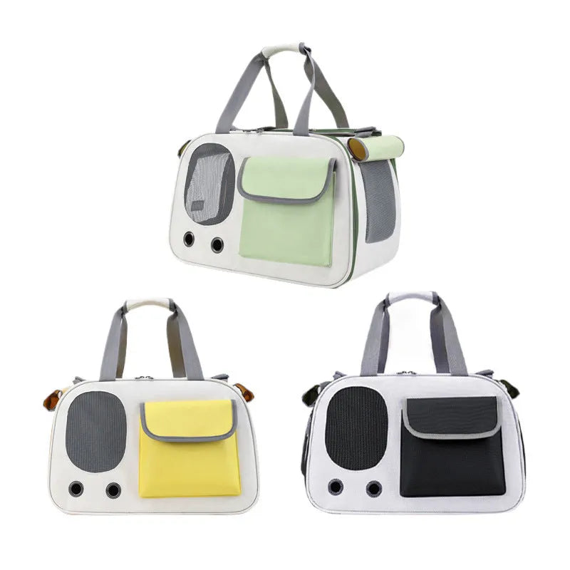 Foldable canvas pet carrier bag in black, green or yellow with single shoulder strap