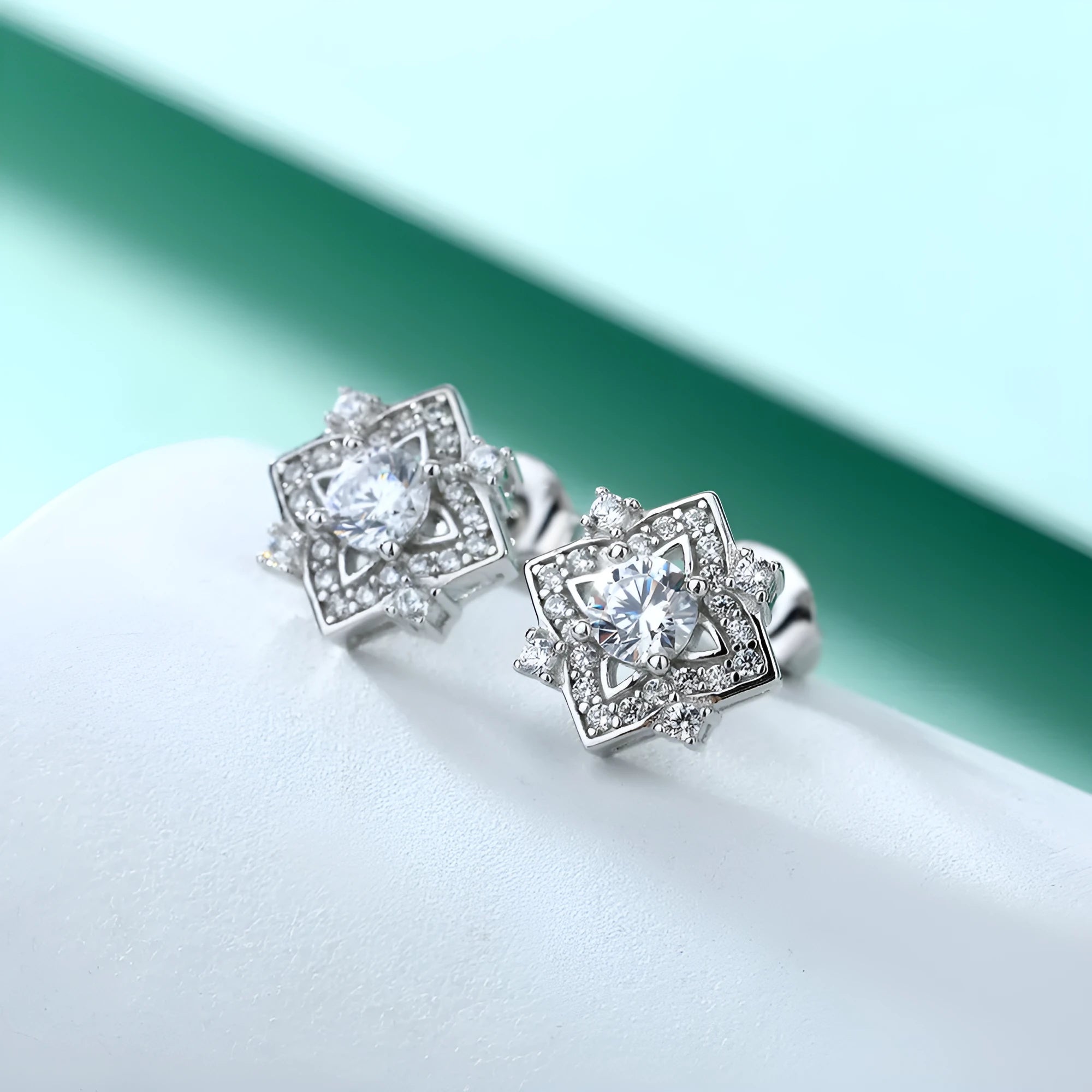 925 sterling silver geometric zircon earrings with white gold finish, star and snowflake motifs, 4mm main stone
