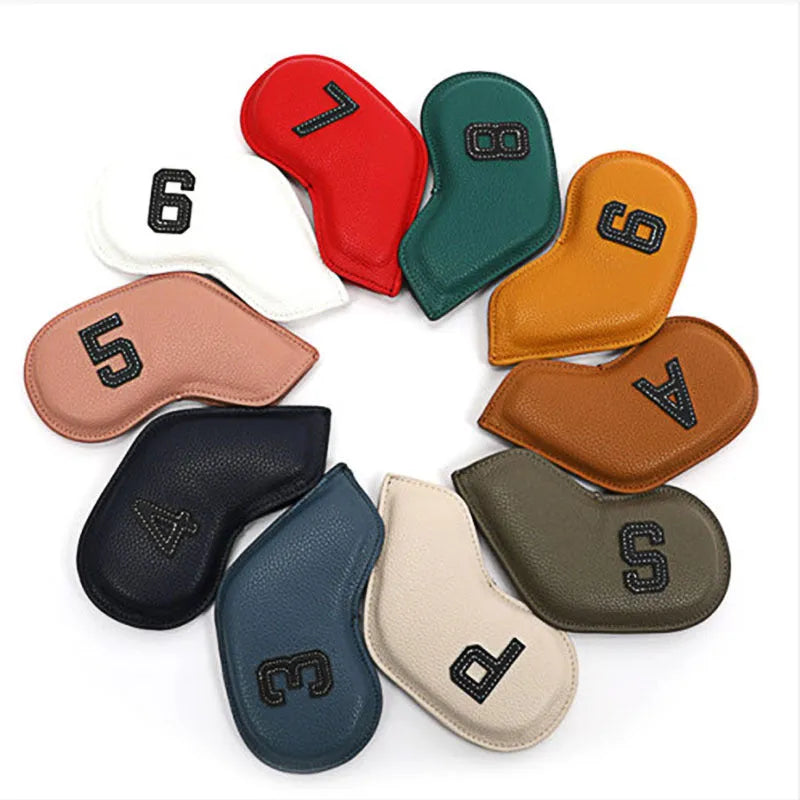 Set of 10 minimally digitally printed PU golf club head covers in assorted colours