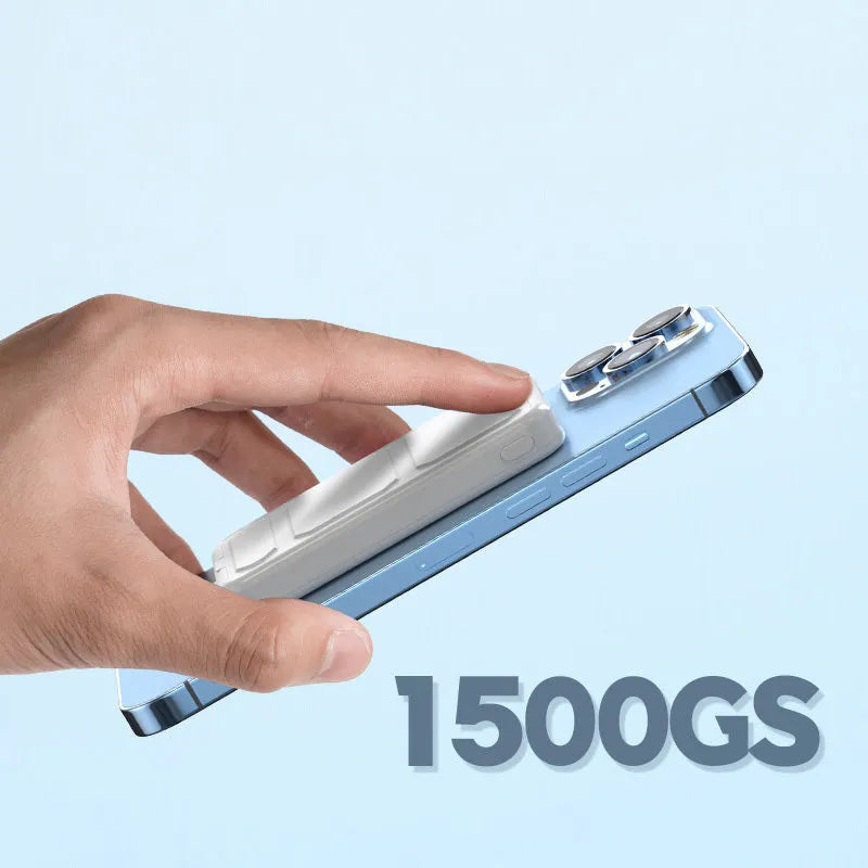 Magnetic suction wireless charging power bank with folding bracket shown in navy blue colour