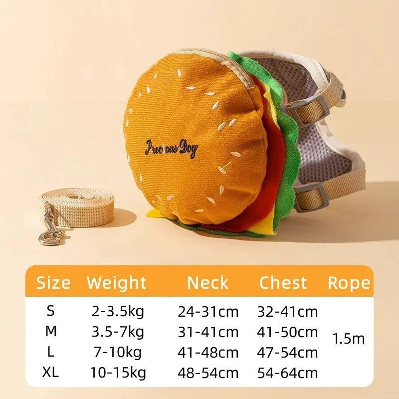 Cartoon hamburger print adjustable vest leash for a dog, showing hook-and-loop fasteners and attached rope.